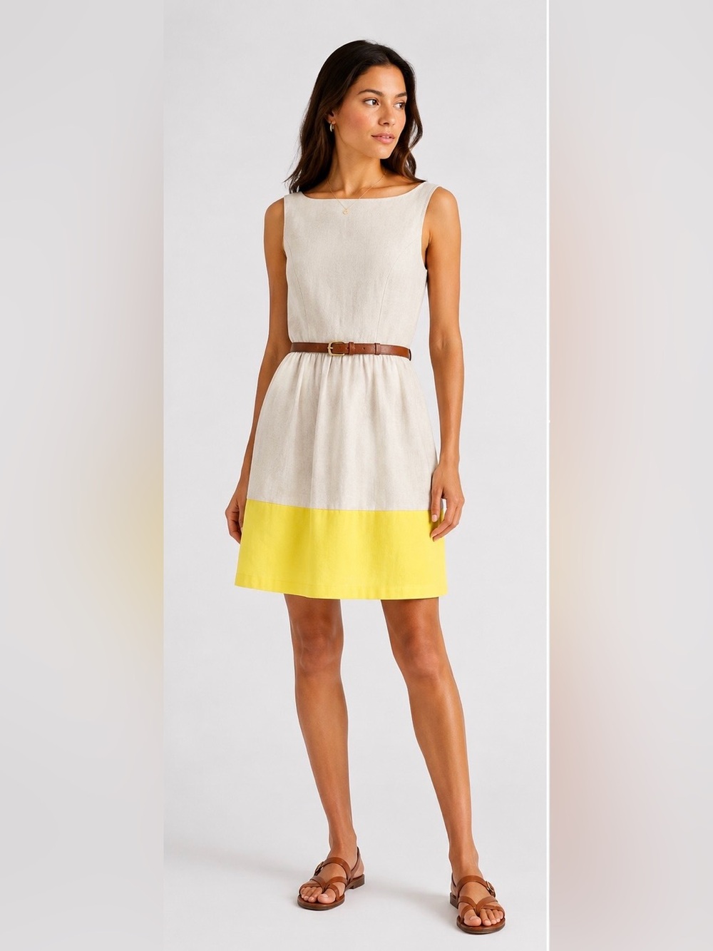 100% Linen Dress Kensie Colorblock Midi  Women’s Medium Beige Yellow Belted